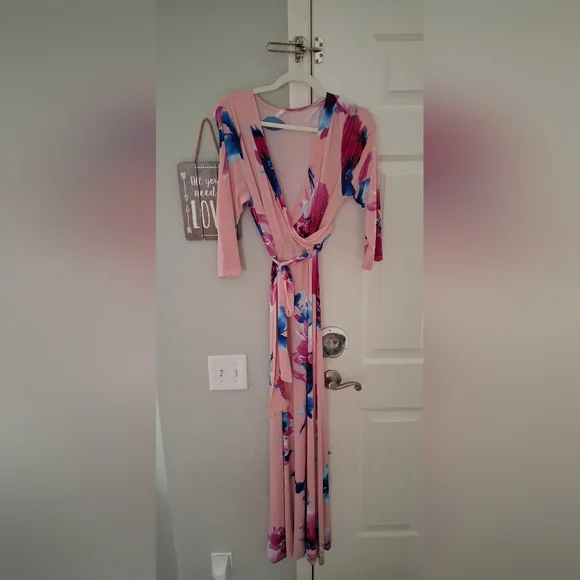 Pink Blush Wrap Maxi Dress Pink Floral Long Wedding Guest Large - Picture 3 of 7